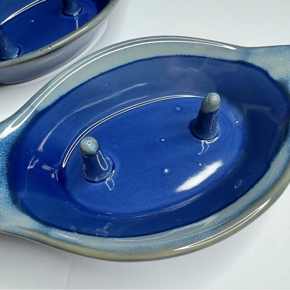 Set of 2 Ceramic Clay Baked Potato Cooker Holder Blue Speckle Glaze Farmcore - Picture 3 of 11